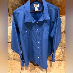 Vtg Ruddock Blue Western Shirt Mens 19 1/2 - 35 Pearl Snap Big Man X-Long Tail